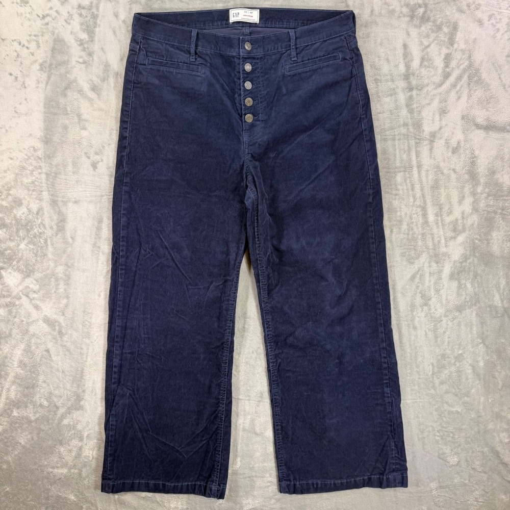 Gap High Stride Corduroy‎ Wide Leg Jeans Womens Sz 33 / 16s Dark Blue Button Fly